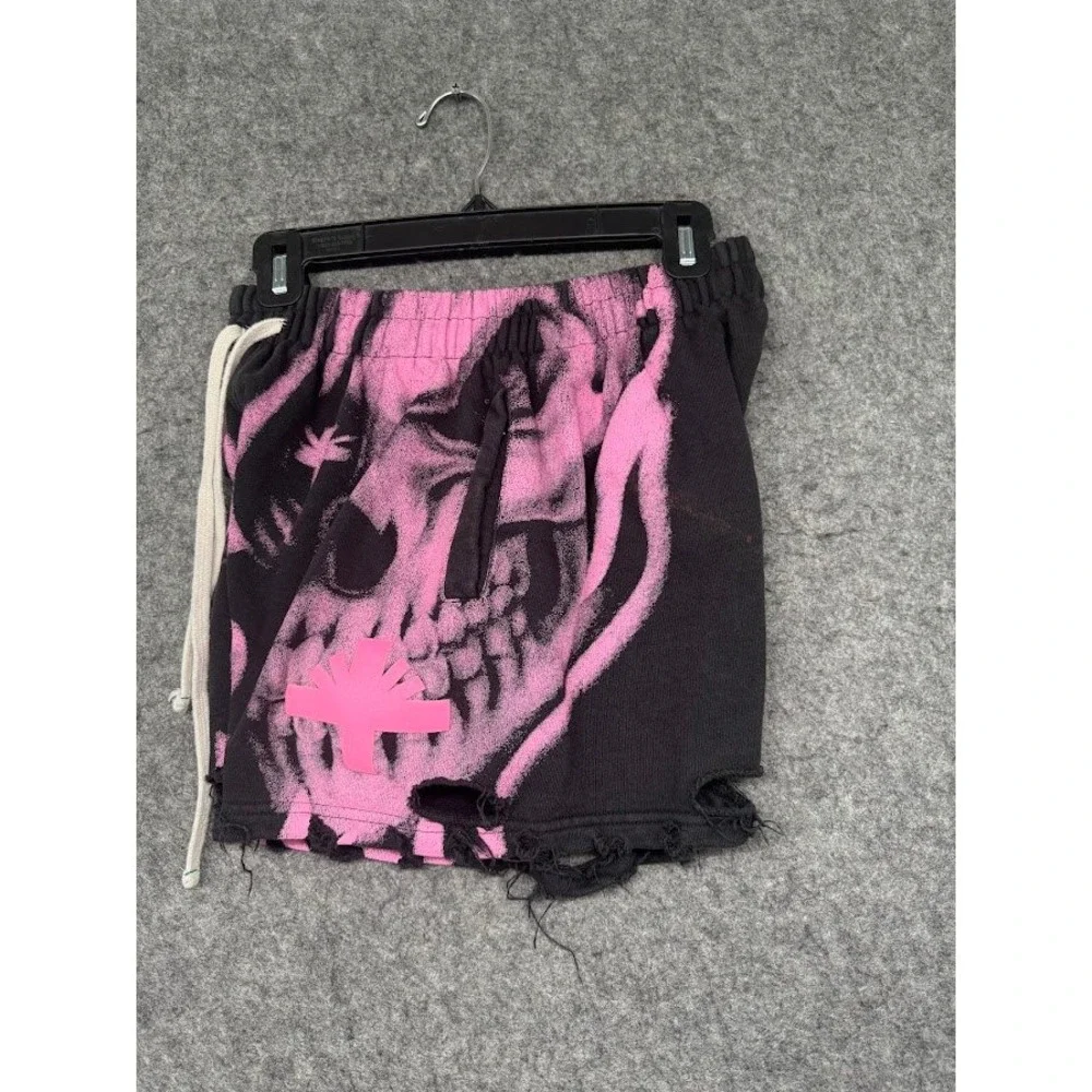 Unknown Brand Skull Graphic Distressed Sweat Shorts Black Pink Streetwear Mens